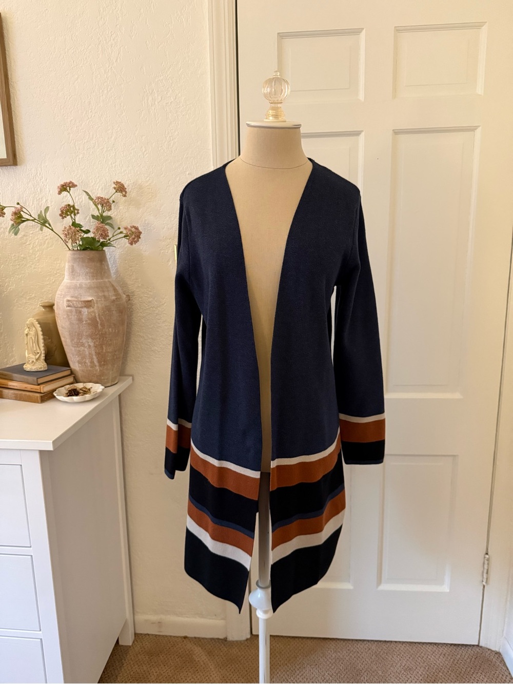 Apt. 9 Navy Open-Front Long Cardigan with Brown and Cream Stripes